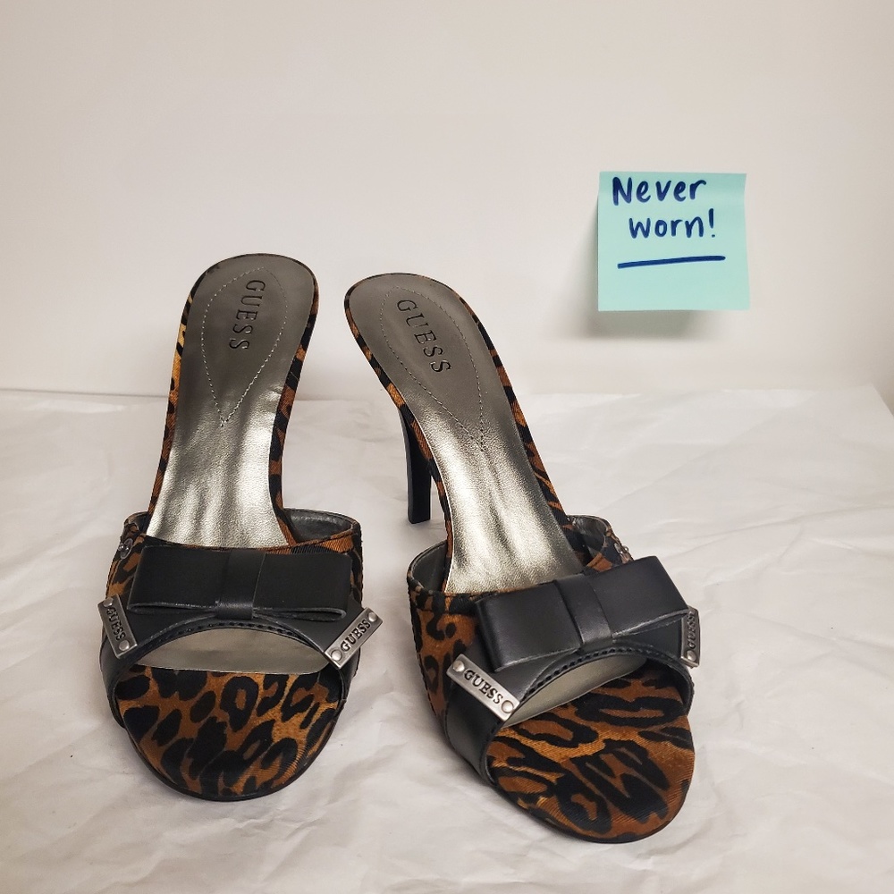 NEW GUESS leopard gadella 9M natural material low heel leather bow black orange